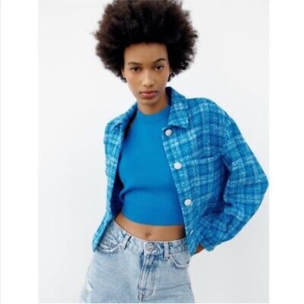 ZARA Plaid Tweed Crop Jacket with Rhinestone Buttons Size M
